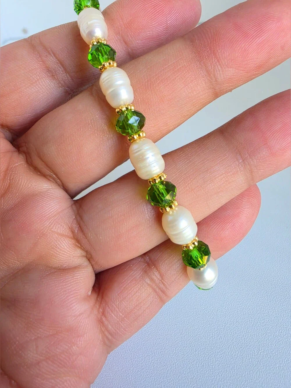 Handmade Freshwater Pearl & Green Crystal Beaded Bracelet 8”